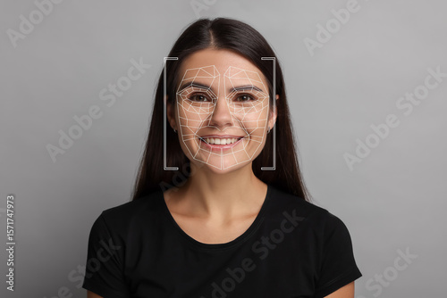 Facial recognition system. Scanning woman's face for authentication against light grey background