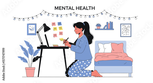 Young Woman Working From Home With Laptop Focusing On Mental Well Being