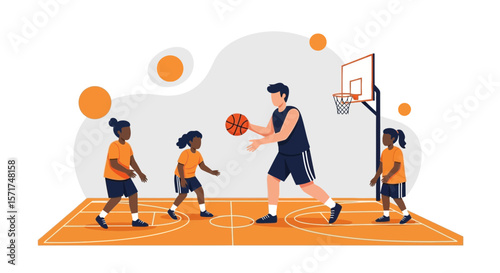 Youth Basketball Practice Session Flat Vector Illustration Showing Coaching Guidance