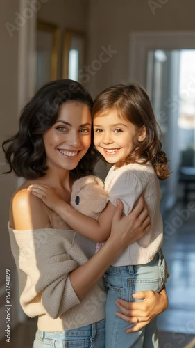 Video of a cheerful mom embracing her little girl in casual home clothes, natural light, warm and loving family atmosphere.
