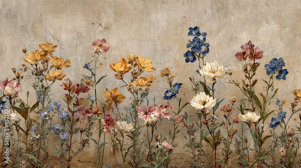 Naklejka premium Wildflowers blooming against a textured beige wall