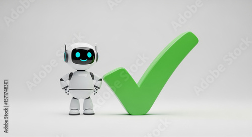 Cute robot with green check mark on white background