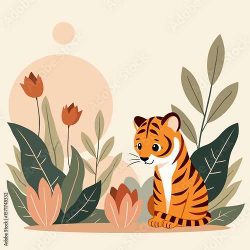 Cute tiger cub sitting among flowers in soft pastel colors