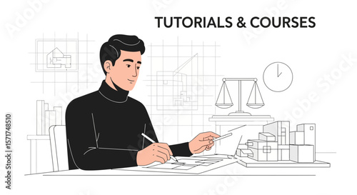 Architectural Designer Works On A Blueprint For Building Structure Project