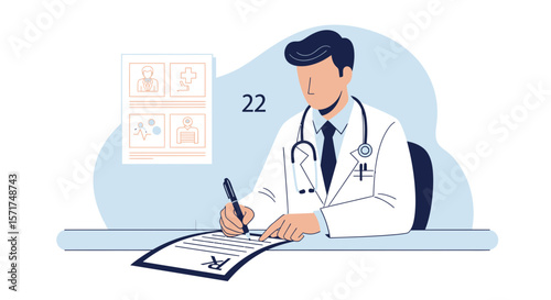 Professional Doctor At Desk Filling Out Prescription Medical Consultation Concept