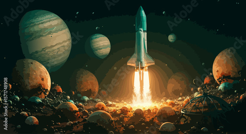 Space rocket launches from alien planet, sci-fi vector poster. EPS 10 version.