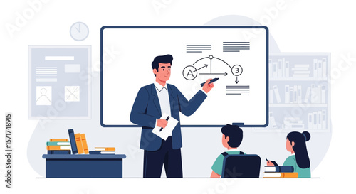 Inspiring Classroom Education Teacher Explaining Concepts To Students At Whiteboard