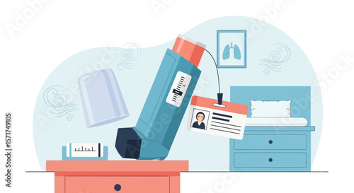 Asthma Inhaler And Healthcare Professional Identification Card On A Nightstand
