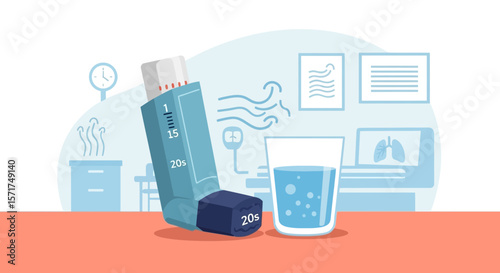 Asthma Inhaler With Water Glass On Table Healthcare Remedy Illustration