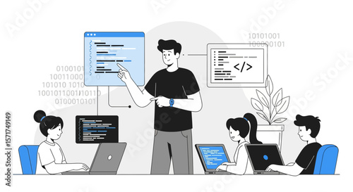 Instructor Teaching Coding To Students In A Modern Workspace With Laptop Computers