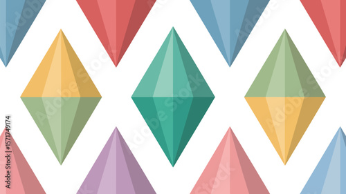 A repeating pattern of colorful diamond shapes on a light background surface art