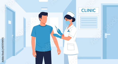 Doctor Giving Injection For Male Patient In Clinic Hallway To Prevent Diseases