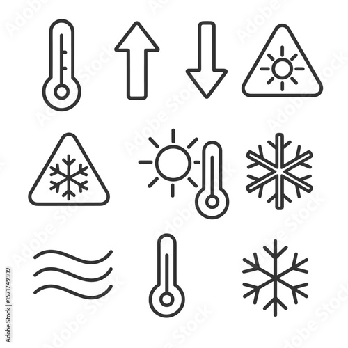 Weather Icons Collection. Outline style icons of Temperature Changes: thermometer icon, temperature up, temperature down, hot