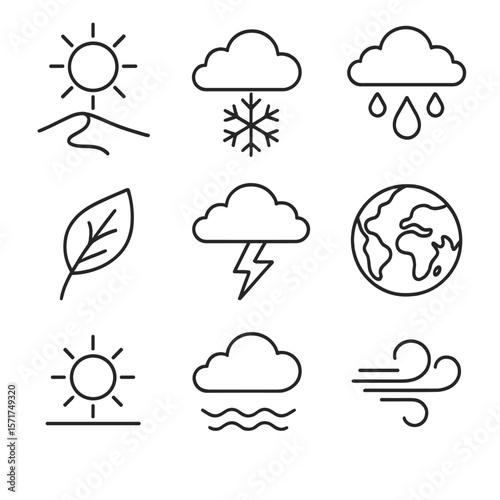 Climate Zone Icons. Outline style icons of Climate Zones: desert sun, arctic snow icon, tropical rain cloud, temperate leaf, polar