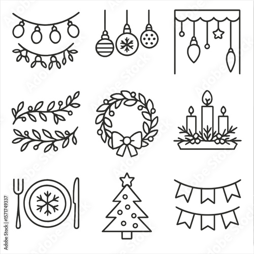 Seasonal Decor Icons. Outline style icons of Seasonal Decor: string lights, hanging ornaments, table centerpiece, seasonal garland