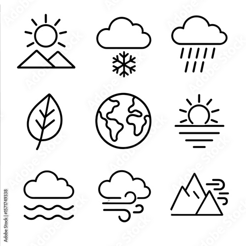 Climate Zone Icons. Outline style icons of Climate Zones: desert sun, arctic snow icon, tropical rain cloud, temperate leaf, polar