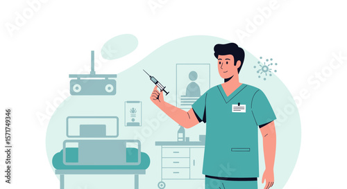 Doctor Holding Syringe Ready For Injection In The Modern Hospital Room Scene