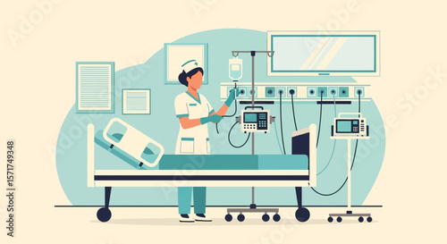 Intensive Care Unit Scene With Nurse And Modern Medical Equipment Illustration