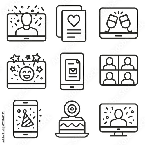 Virtual Celebration Icons. Outline style icons of Virtual Celebrations: video call with confetti, digital greeting icon, online