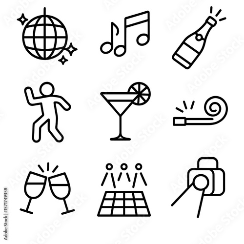Party Elements Icons. Outline style icons of Party Elements: disco ball, music notes, champagne bottle, dancing person, cocktail