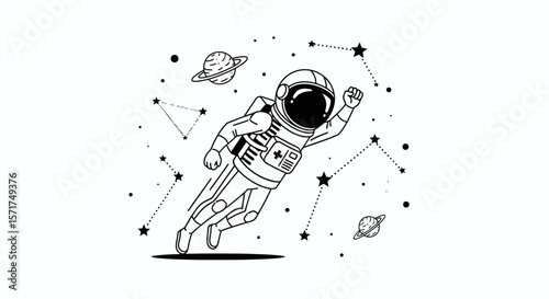 Astronaut Explorer Floating Through Cosmos Among Stars And Planets In Space