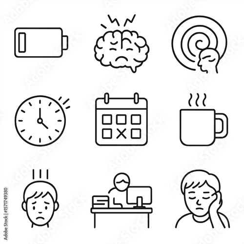 Burnout Icons. Outline style icons of Burnout and Overwork: battery drain, overwhelmed brain, spinning thoughts, clock pressure