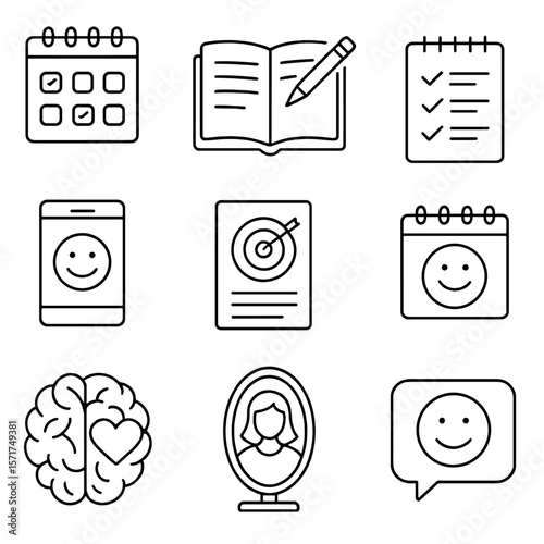 Positive Mental Habits Icons. Outline style icons of Positive Mental Habits: habit tracker, journaling icon, gratitude list, mood