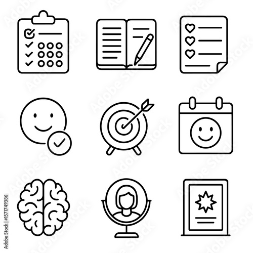 Positive Mental Habits Icons. Outline style icons of Positive Mental Habits: habit tracker, journaling icon, gratitude list, mood