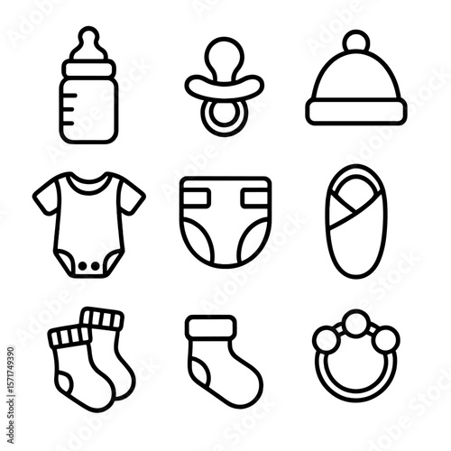 Newborn Essentials Icons. Outline style icons of Newborn Essentials: baby bottle, pacifier, baby diaper, baby hat, onesie, soft