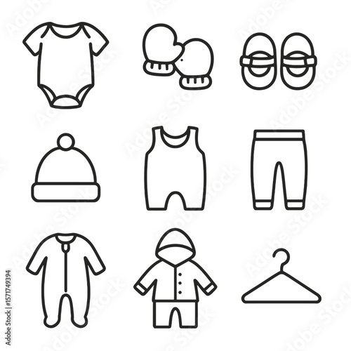 Baby Clothing Icons. Outline style icons of Baby Clothing Basics: bodysuit, mittens, baby shoes, baby hat, romper, baby pants,