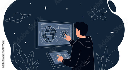 Astronaut Exploring Virtual Reality Universe With Touch Screen Technology