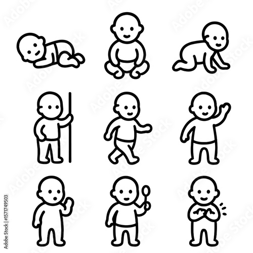 Baby Milestone Icons. Outline style icons of first milestones: baby rolling over, sitting up, crawling, standing, walking, waving,