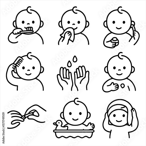 Baby Hygiene Icons. Outline style icons of baby hygiene: brushing baby teeth, wiping mouth, cleaning ears, combing hair, hand