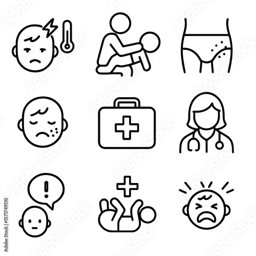Emergency Baby Care Icons. Outline style icons of emergency baby care: fever alert, choking response, diaper rash, allergic