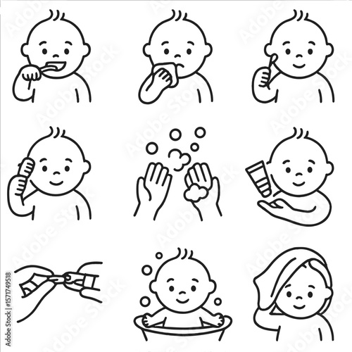 Baby Hygiene Icons. Outline style icons of baby hygiene: brushing baby teeth, wiping mouth, cleaning ears, combing hair, hand
