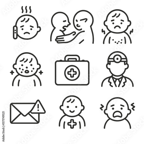 Emergency Baby Care Icons. Outline style icons of emergency baby care: fever alert, choking response, diaper rash, allergic