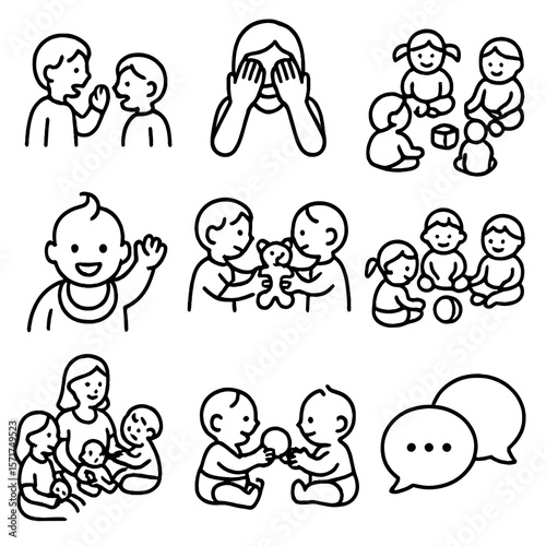 Early Social Interaction Icons. Outline style icons of early social interaction: waving to sibling, peekaboo with parent, group