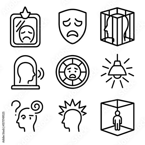 Psychological Torment Icons. Outline style icons of torment implements psychological: mirror trap, fear mask, shadow cage, echo