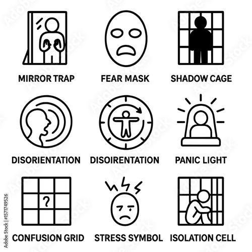 Psychological Torment Icons. Outline style icons of torment implements psychological: mirror trap, fear mask, shadow cage, echo
