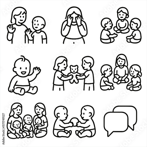 Early Social Interaction Icons. Outline style icons of early social interaction: waving to sibling, peekaboo with parent, group