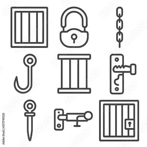 Confinement Tools Icons. Outline style icons of torment implements confinement tools: barred door, lock shackle, chain wall,