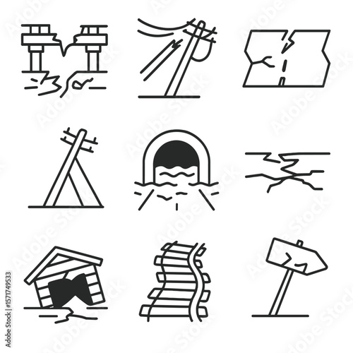 Tornado Damage Icons. Outline style icons of tornado infrastructure: damaged bridge, fallen power line, broken road, tilted pole,