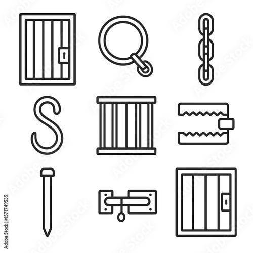 Confinement Tools Icons. Outline style icons of torment implements confinement tools: barred door, lock shackle, chain wall,
