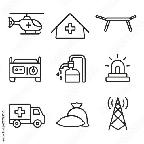 Tornado Emergency Icons. Outline style icons of tornado emergency: rescue helicopter, medical tent, stretcher, emergency beacon,