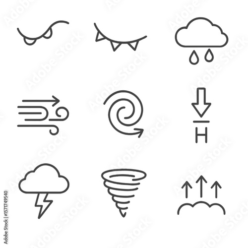 Tornado Formation Icons. Outline style icons of tornado formation: warm front, cold front, moisture cloud, wind shear, rotating