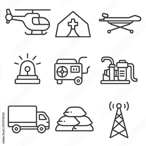 Tornado Emergency Icons. Outline style icons of tornado emergency: rescue helicopter, medical tent, stretcher, emergency beacon,