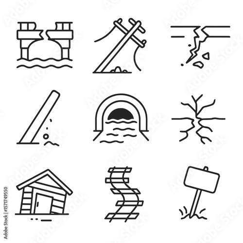 Tornado Damage Icons. Outline style icons of tornado infrastructure: damaged bridge, fallen power line, broken road, tilted pole,