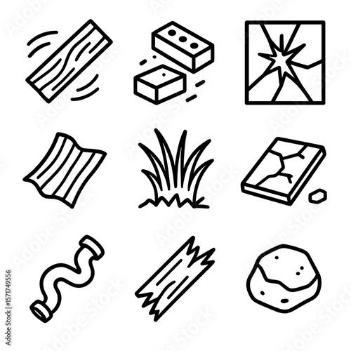 Tornado Debris Icons. Outline style icons of tornado debris: flying board, scattered brick, broken glass, torn metal, uprooted