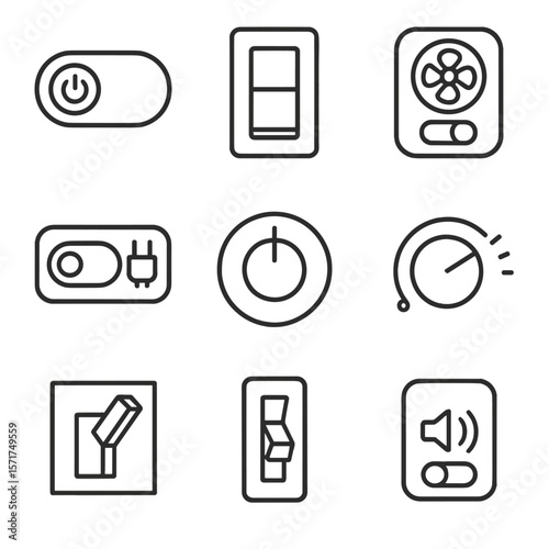 Toggle Switch Icons. Outline style icons of toggle switch applications: power switch, light switch, fan switch, appliance control,