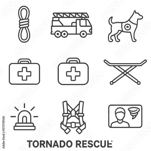 Tornado Rescue Icons. Outline style icons of tornado rescue: rescue rope, ladder truck, search dog, medical bag, stretcher, rescue